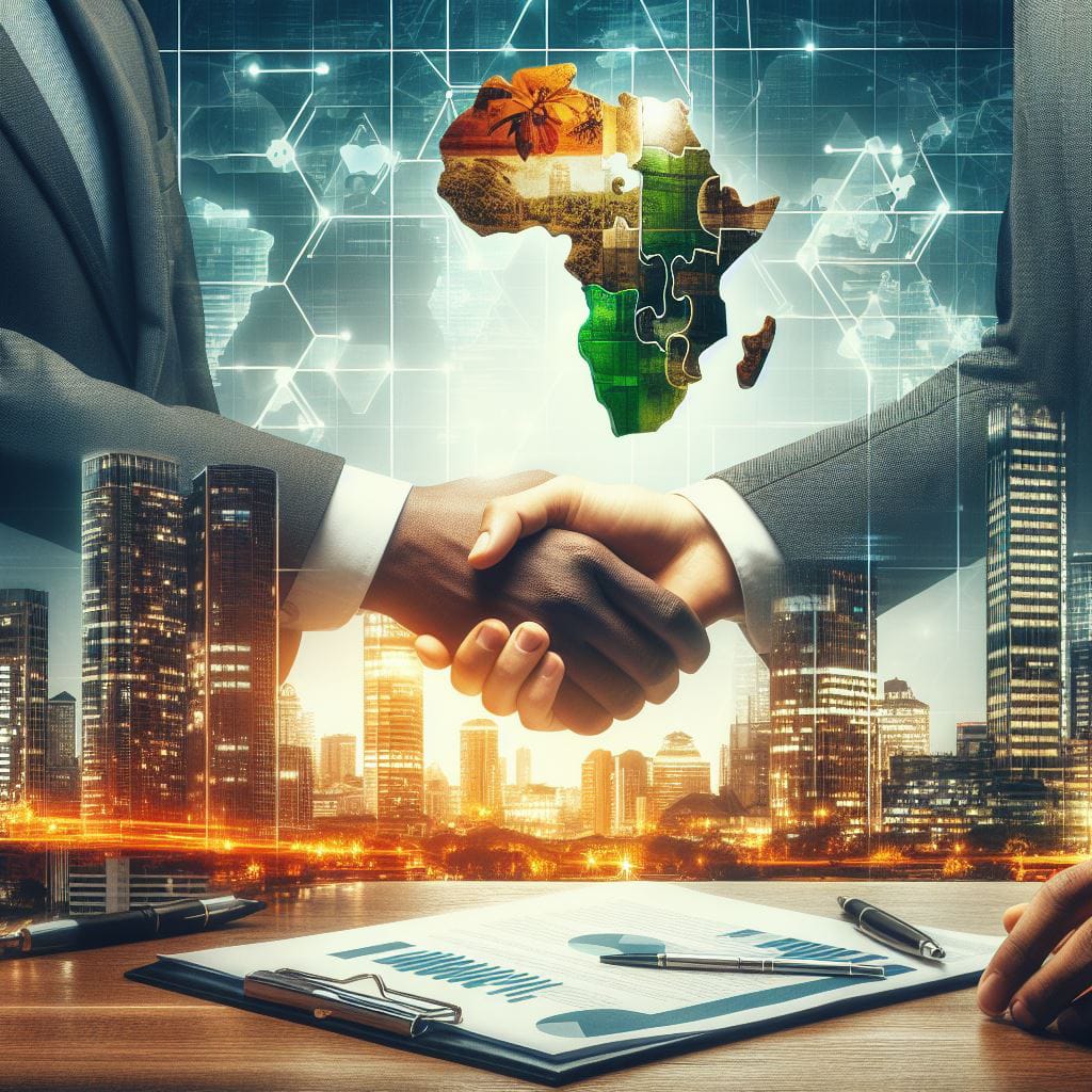 Illustration of a handshake over a map of Africa