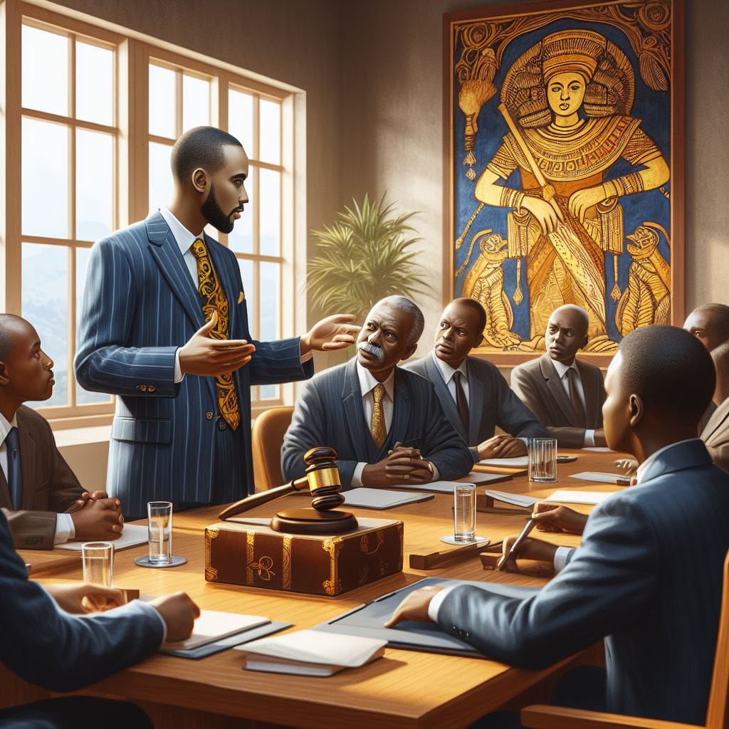 Illustration of lawyers meeting around a table with a gavel