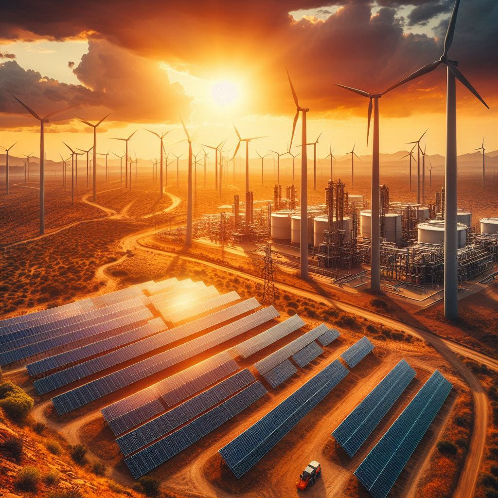 Illustration of solar panels and wind turbines at sunset