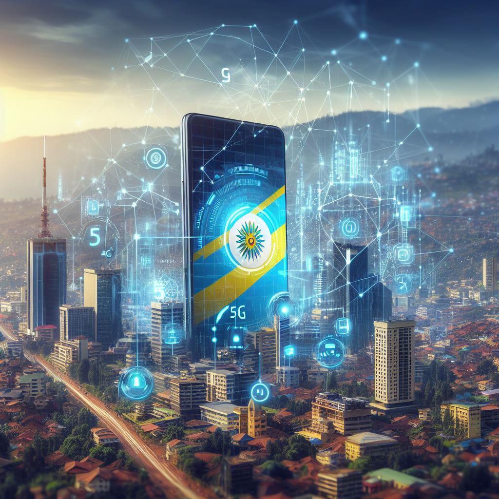 Illustration of a phone and 5G network over Kigali